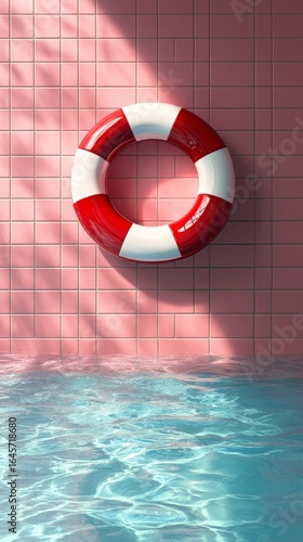 Bright Pool Area With a Lifebuoy Hanging on Pink Tiles Reflecting Sunlight