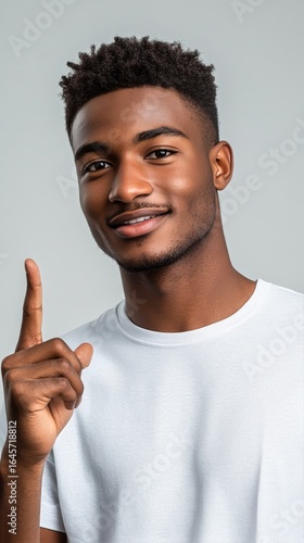 Smiling Man Showing One Finger in a Bright Setting With a Neutral Background.