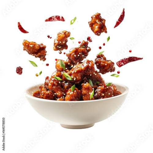 Deliciously Spicy Chicken in a Bowl with Fresh Herbs and Chili Peppers, Perfect for a Flavorful Meal on transparent background