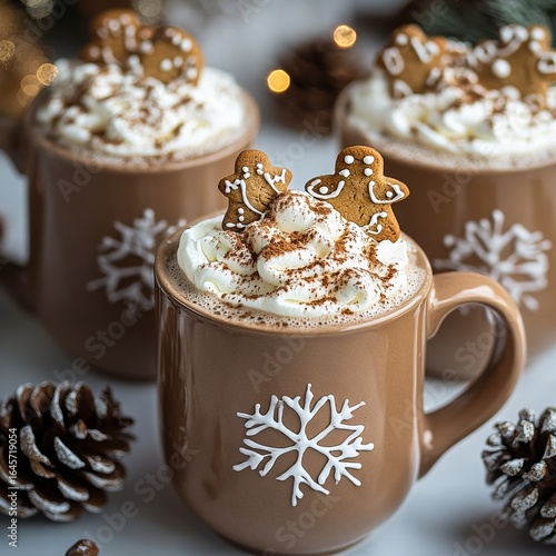 Warm Holiday Drinks With Whipped Cream and Festive Gingerbread Cookies on Sno...