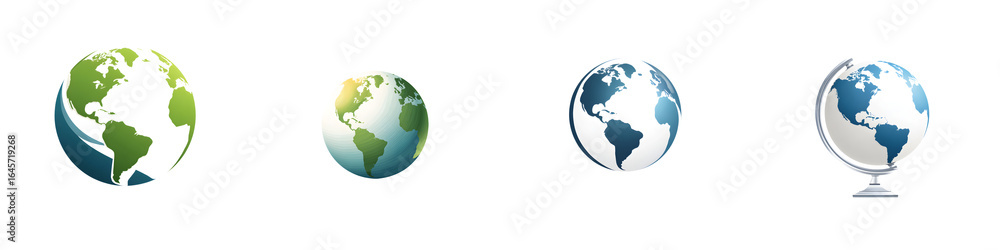 Fototapeta premium Globes collection showing earth from different angles in various shades of blue and green, isolated on white. Global business concept.