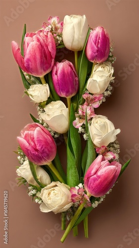 Arrangement of Pink and White Flowers in a Decorative Layout on a Neutral Bac...