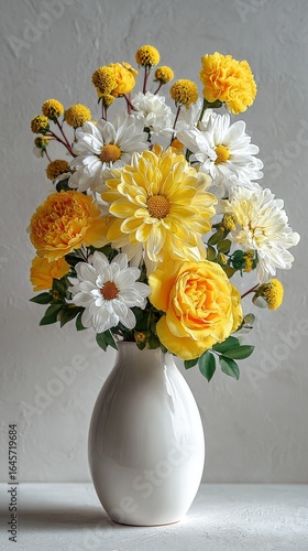 Bright Yellow and White Flower Bouquet in a White Vase on a Neutral Background.