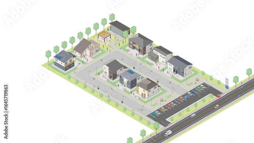 アイソメトリック図法で描いた住宅展示場のイメージ / Display home village. Isometric illustration
