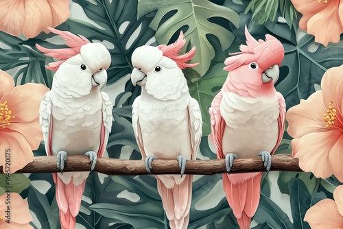 Colorful Birds Perched on a Branch Surrounded by Flowers in a Serene Setting.
