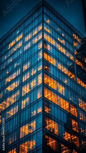 Modern Glass Building Illuminated at Night in an Urban Area With Autumn Folia...
