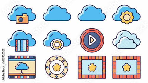 Collection of cloud icons with camera film reel gear play button and star shapes on frames set up nicely