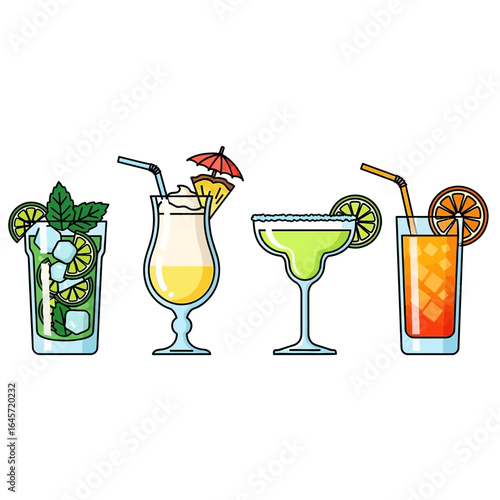 Vibrant vector illustration set showcasing a variety of refreshing cocktails and mixed drinks, perfect for summer menus, party designs, and beverage themes.