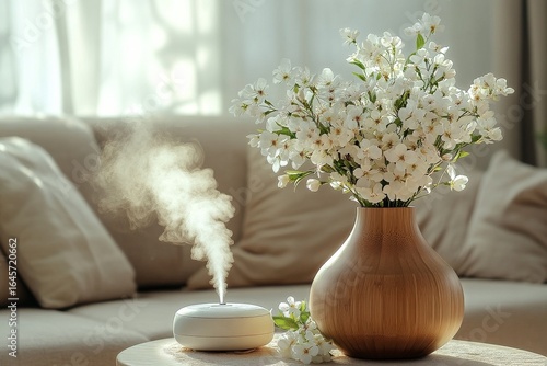 Soft Morning Light Illuminates Fresh Flowers and an Aroma Diffuser in a Cozy ...