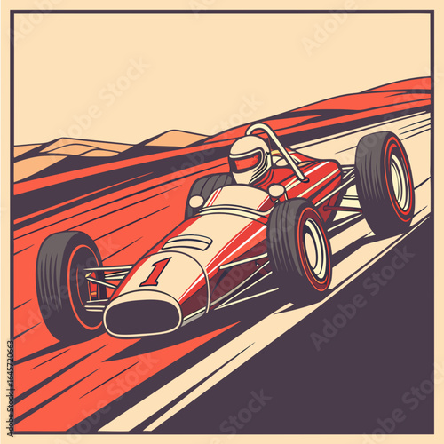 Vintage Red Formula One Race Car in Motion.