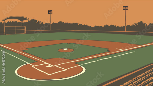 Vintage Style Baseball Field Illustration Detailed Infographic of a Baseball Diamond Bases and Dugout.