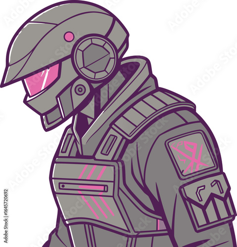 Futuristic cyberpunk enforcer character design with a bold front facing stance ideal for sci fi and gaming projects