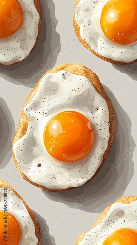 Breakfast Treats With Sunny Side up Eggs on a Soft Bread Base Arranged on a S...