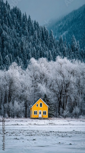 Bright Yellow House in Winter Landscape Surrounded by Frosted Trees and Mount...