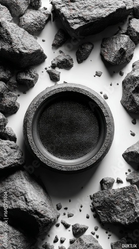 Speaker Embedded in Concrete Debris in an Artistic Display Showcasing Sound a...