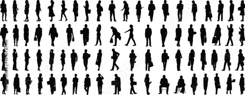 Black silhouettes of diverse business people, men and women, walking, standing, carrying briefcases, talking, sitting, isolated white background, vector collection set