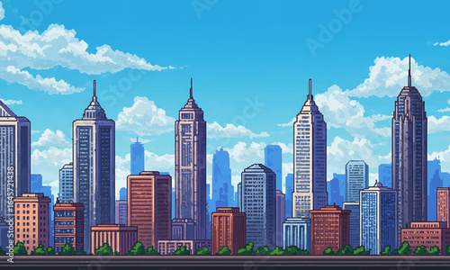 Day time cityscape pixel art. High buildings silhouette and clouds. 2d pixel video game background of daytime with modern skyscrapers in city. Seamless when docking horizontally.