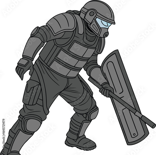 Front view illustration of a person in heavy riot control gear symbolizing law enforcement security and public order with a strong reinforced presence