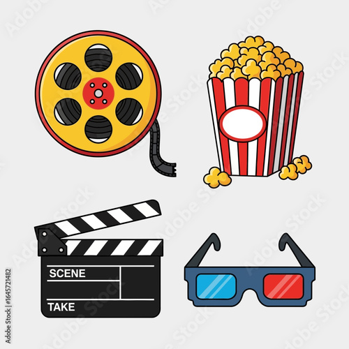 Cinema icons Movie reel, popcorn, clapperboard, and 3D glasses, symbolizing movie entertainment and fun