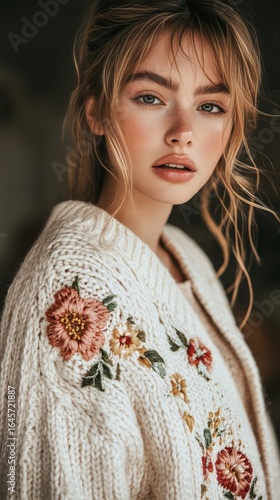 Young Woman Wearing a Floral Sweater Poses Against a Light Background in a St...
