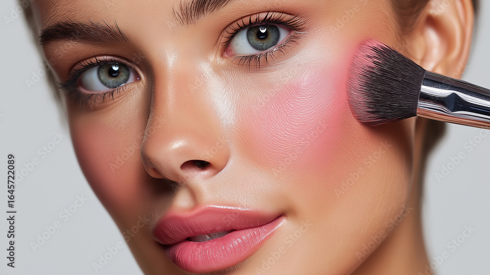 Close up of woman applying pink blush on her cheek with makeup brush, highlighting smooth skin, blue eyes, and glossy lips in beauty routine Close up of woman applying pink blush on her cheek with makeup brush, highlighting smooth skin, blue eyes, and glossy lips in beauty routine
