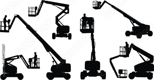 Silhouettes of boom lift machines with workers, construction platform vehicles, elevated aerial lifts for maintenance, industrial, engineering, and safety operations.