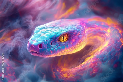 Colorful Snake Gliding Through Vibrant Smoke in a Surreal Environment at Dusk.