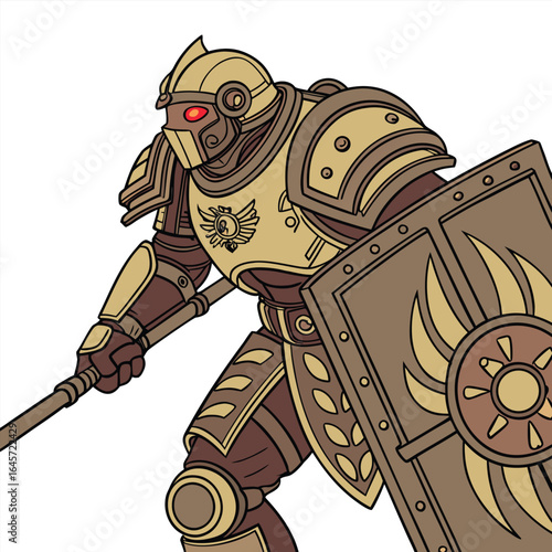Futuristic cybernetic gladiator in a powerful front facing stance designed for impactful advertising and promotional banners showcasing advanced technology and warrior spirit