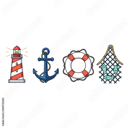 Nautical and maritime icon set featuring a lighthouse, anchor, lifebuoy, and a fishing net. Flat design vector illustration for sea travel concepts.