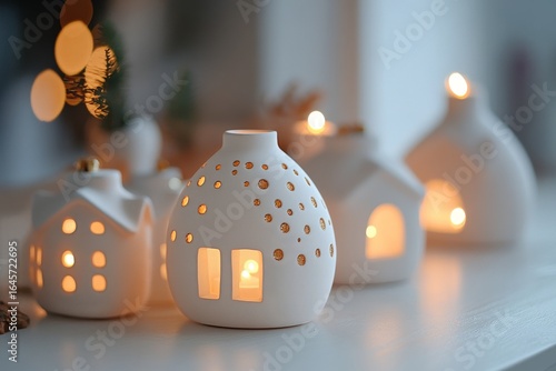 Ceramic Houses With Glowing Lights Create a Cozy Atmosphere During Winter Eve...