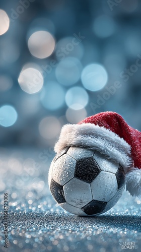 Soccer Ball Wearing a Santa Hat on a Snowy Surface With Festive Bokeh Background