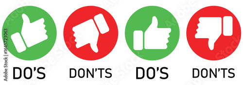 Do's and don'ts icons. Thumb up and thumb down. Like and dislike buttons. Positive and negative opinion. Red and green banner.  Dos and donts icons in line frame - thumbs up or thumb down label banner