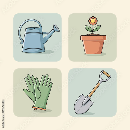 Set of colorful gardening tool icons for planting and horticulture concepts. Vector illustration of a watering can, gloves, shovel, and potted flower.