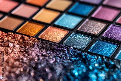 Colorful Makeup Palette Featuring Glittery Eyeshadows in Various Shades and T...