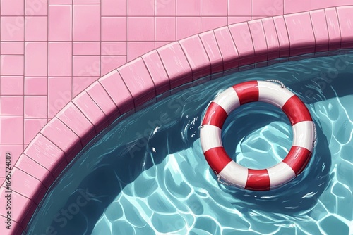 Lifebuoy Rests on Pink Tiles Beside a Shimmering Pool During a Sunny Day.