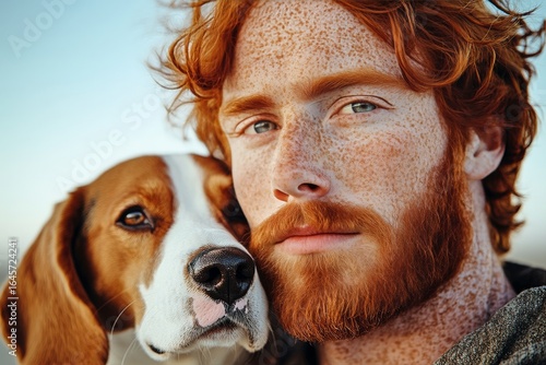 Red-haired Man and Beagle Dog Enjoy Sunny Beach Day Together.