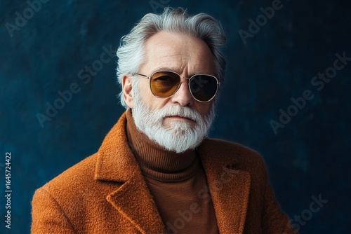 Portrait of a Stylish Older Man With Sunglasses and a Warm Coat in a Studio S...
