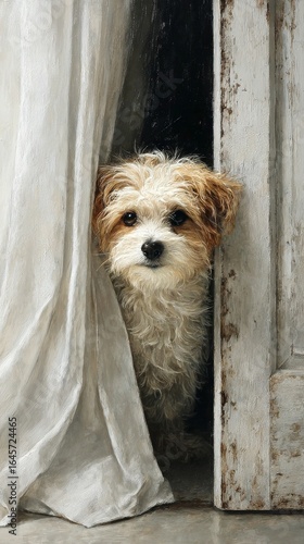 Dog Peeking Through a Curtain at a Cozy Home in Soft Lighting