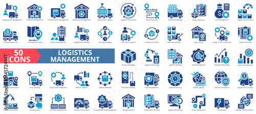 Logistics management icon set flat style collection. Containing supply chain, inventory, transportation, warehouse, distribution, optimization, planning, scheduling