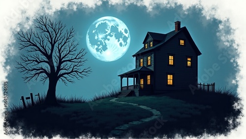 An eerie house sits atop a hill under a large, glowing full moon in the haunting night sky.