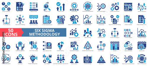 Six sigma methodology icon set flat style collection. Containing dmaic framework, define, measure, analyze, continuous, improvement, root cause, process, analysis