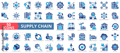Supply chain icon set flat style collection. Containing procurement, management, order, fulfillment, planning, distribution, warehouse, demand forecasting, processing