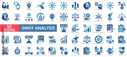 SWOT analysis icon set flat style collection. Containing strength, weakness, opportunities, threat, internal external factor, competitive advantage, market position