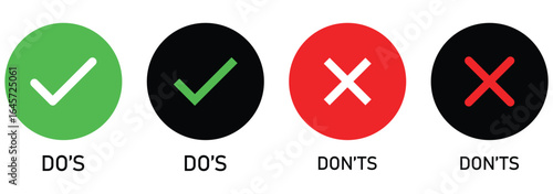 Creative vector illustration of green tick, red cross isolated on transparent background. Art design with text do and dont. Right or wrong. True or false.Do and Dont check tick mark and red cross icon