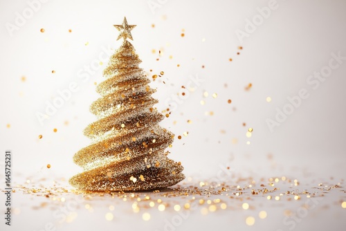 Sparkling Golden Christmas Tree Made of Glitter on Light Background.