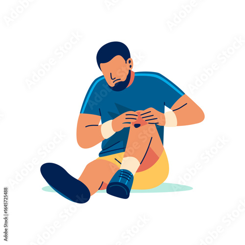 Male athlete suffering from knee joint pain while working out, illustration of man experiencing sports injury. Flat vector in cartoon style, isolated on white background