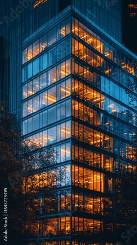 Modern Glass Building Illuminated at Night in an Urban Area With Autumn Folia...
