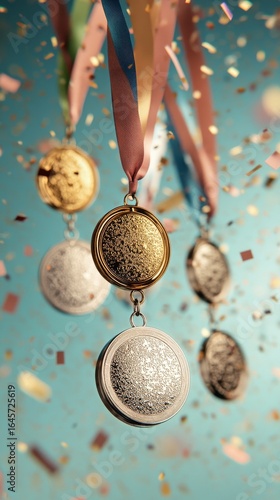Medals Hanging With Colored Ribbons Surrounded by Festive Confetti in a Celeb...