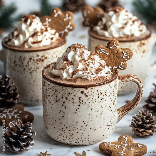 Warm Holiday Drinks With Whipped Cream and Festive Gingerbread Cookies on Sno...