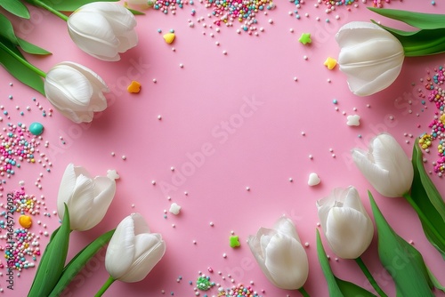 Delicate White Tulips Arranged With Colorful Sprinkles on a Soft Pink Background